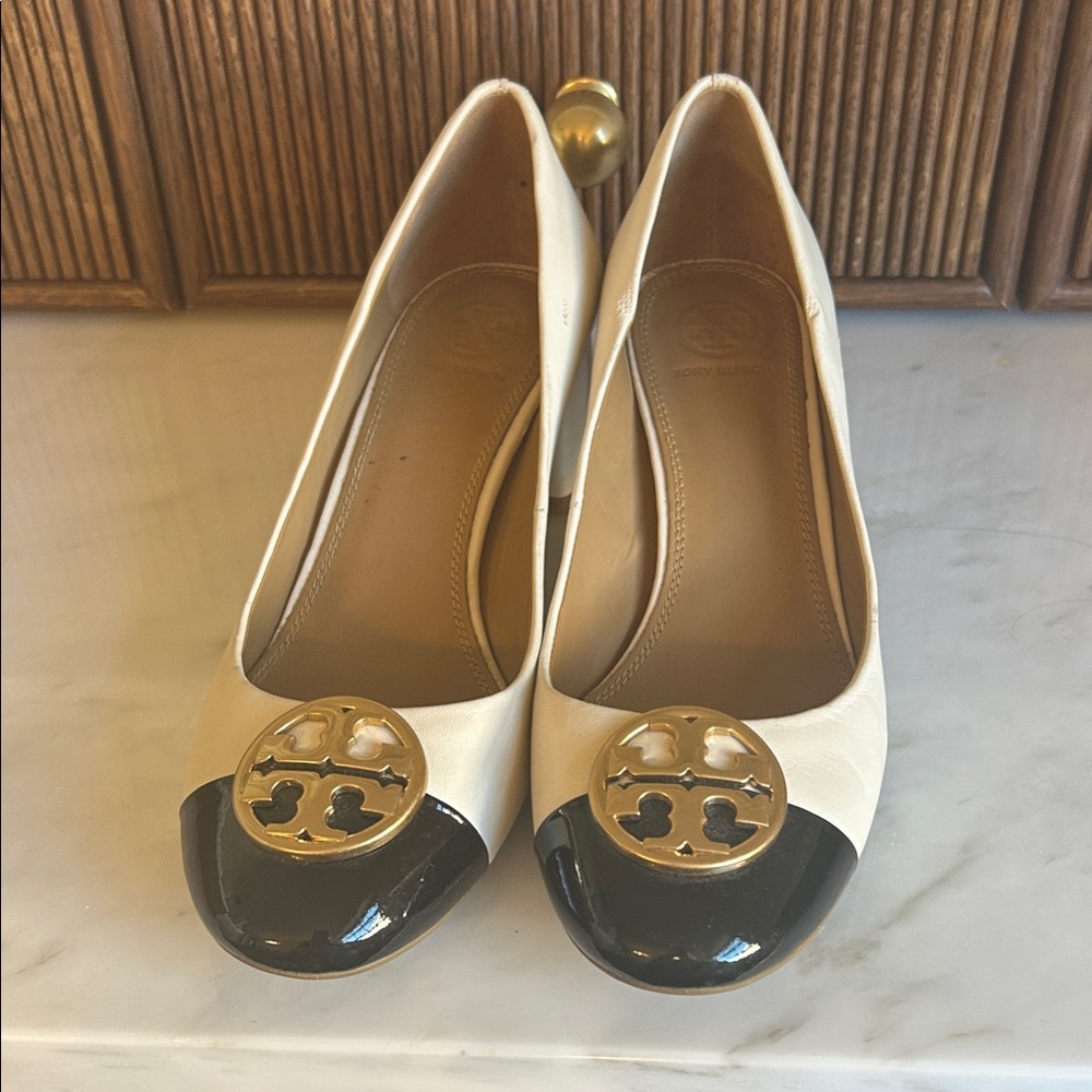 Tory Burch Cream and Black Cap-Toe Flats